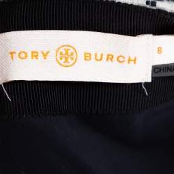 Pre Owned Tory Burch Navy Blue & White Textured Cotton Geometric Embroidered Burlap Mini Skirt M