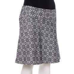 Pre Owned Tory Burch Navy Blue & White Textured Cotton Geometric Embroidered Burlap Mini Skirt M