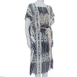 Pre Owned Tory Burch White Anchor Printed Cotton Belted Kaftan Dress M
