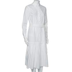 Pre Owned Tory Burch White Cotton Scalloped Ruffled Trim Shirt Dress S
