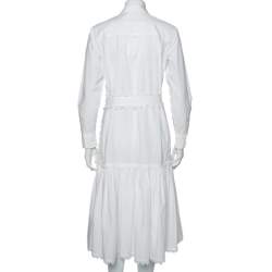 Pre Owned Tory Burch White Cotton Scalloped Ruffled Trim Shirt Dress S