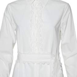 Pre Owned Tory Burch White Cotton Scalloped Ruffled Trim Shirt Dress S