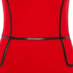 Pre Owned Tory Burch Red Wool Contrast Leather Trim Detail Sleeveless Sheath Dress XS