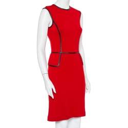 Pre Owned Tory Burch Red Wool Contrast Leather Trim Detail Sleeveless Sheath Dress XS
