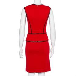 Pre Owned Tory Burch Red Wool Contrast Leather Trim Detail Sleeveless Sheath Dress XS