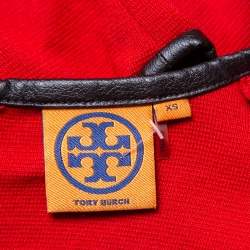 Pre Owned Tory Burch Red Wool Contrast Leather Trim Detail Sleeveless Sheath Dress XS