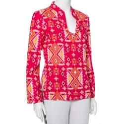 Tory Burch Pink Batik Printed Cotton Embellished Oversized Top S