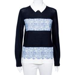 Tory Burch Navy Blue Wool Contrast Paneled Collared Sweater M