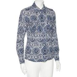 Tory Burch Blue & White Printed Cotton Buttoned Front Shirt M