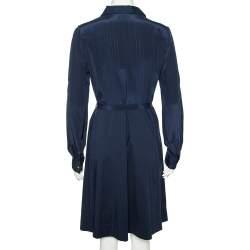 Pre Owned Tory Burch Navy Blue Cotton Emmanuelle Belted Shirt Dress M