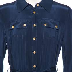 Pre Owned Tory Burch Navy Blue Cotton Emmanuelle Belted Shirt Dress M