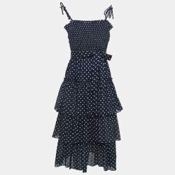 Tory Burch Navy Blue Polka-Dot Print Cotton Tiered Dress XS
