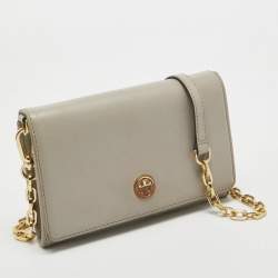 Tory Burch Light Grey Leather Robinson Wallet On Chain