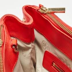 Pre Owned Tory Burch Red Patent and Leather Large Double Zip Robinson Tote