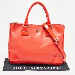Pre Owned Tory Burch Red Patent and Leather Large Double Zip Robinson Tote