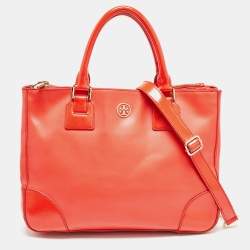 Pre Owned Tory Burch Red Patent and Leather Large Double Zip Robinson Tote