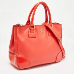 Pre Owned Tory Burch Red Patent and Leather Large Double Zip Robinson Tote