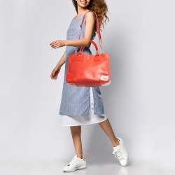 Pre Owned Tory Burch Red Patent and Leather Large Double Zip Robinson Tote