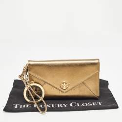 Pre Owned Tory Burch Gold Leather Robinson Envelope Wristlet Clutch