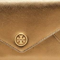 Pre Owned Tory Burch Gold Leather Robinson Envelope Wristlet Clutch
