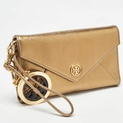 Pre Owned Tory Burch Gold Leather Robinson Envelope Wristlet Clutch