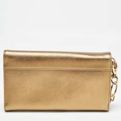 Pre Owned Tory Burch Gold Leather Robinson Envelope Wristlet Clutch