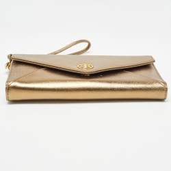 Pre Owned Tory Burch Gold Leather Robinson Envelope Wristlet Clutch