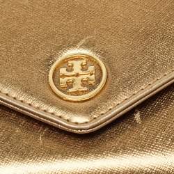 Pre Owned Tory Burch Gold Leather Robinson Envelope Wristlet Clutch
