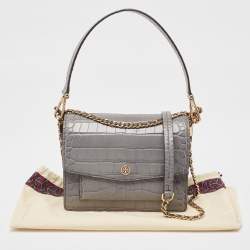 Tory Burch Grey Croc Embossed Leather and Suede Robinson Top Handle Bag