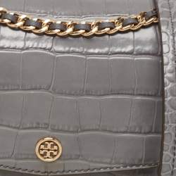 Tory Burch Grey Croc Embossed Leather and Suede Robinson Top Handle Bag