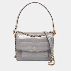 Tory Burch Grey Croc Embossed Leather and Suede Robinson Top Handle Bag