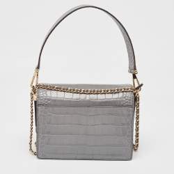 Tory Burch Grey Croc Embossed Leather and Suede Robinson Top Handle Bag