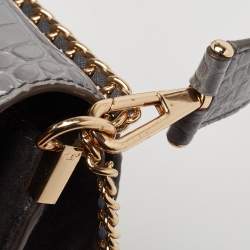 Tory Burch Grey Croc Embossed Leather and Suede Robinson Top Handle Bag