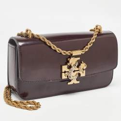 Pre Owned Tory Burch Burgundy Glossy Leather Eleanor Dragon Rectangular Shoulder Bag