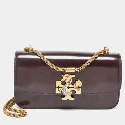 Pre Owned Tory Burch Burgundy Glossy Leather Eleanor Dragon Rectangular Shoulder Bag