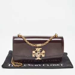 Pre Owned Tory Burch Burgundy Glossy Leather Eleanor Dragon Rectangular Shoulder Bag