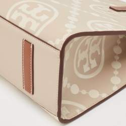 Pre Owned Tory Burch New Cream/Brown T Monogram Leather Small Contrast Tote