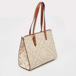 Pre Owned Tory Burch New Cream/Brown T Monogram Leather Small Contrast Tote