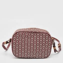 Pre Owned Tory Burch Burgundy Gemini Link Coated Canvas Camera Crossbody Bag
