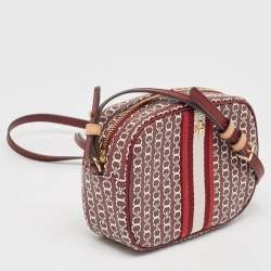 Pre Owned Tory Burch Burgundy Gemini Link Coated Canvas Camera Crossbody Bag