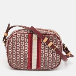 Pre Owned Tory Burch Burgundy Gemini Link Coated Canvas Camera Crossbody Bag