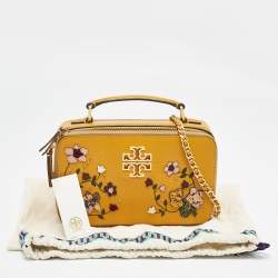Pre Owned Tory Burch Mustard Leather Floral Applique Britten Crossbody Bag