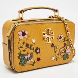 Pre Owned Tory Burch Mustard Leather Floral Applique Britten Crossbody Bag
