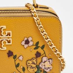 Pre Owned Tory Burch Mustard Leather Floral Applique Britten Crossbody Bag