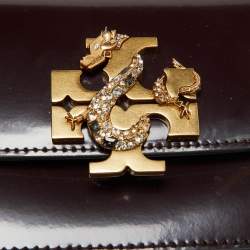 Pre Owned Tory Burch Burgundy Glossy Leather Eleanor Dragon Rectangular Shoulder Bag