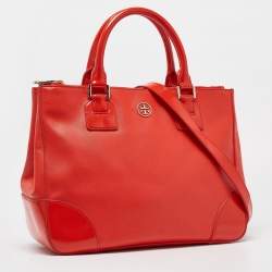 Tory Burch Orange Patent and Leather Large Robinson Double Zip Tote