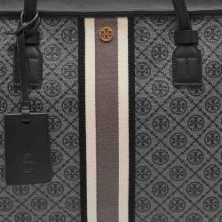 Pre Owned Tory Burch Grey/Black Logo Coated Canvas Zip Shopper Tote