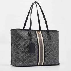 Pre Owned Tory Burch Grey/Black Logo Coated Canvas Zip Shopper Tote