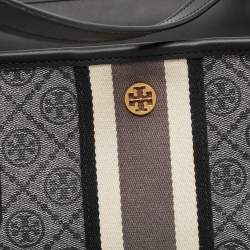 Pre Owned Tory Burch Grey/Black Logo Coated Canvas Zip Shopper Tote