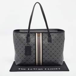 Pre Owned Tory Burch Grey/Black Logo Coated Canvas Zip Shopper Tote
